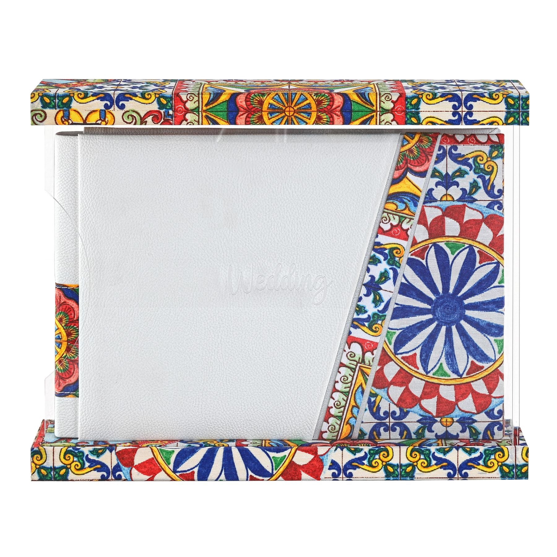 Kit Amalfi con album fotografico bianco e custodia espositiva di design decorata con vivaci motivi a maiolica siciliana multicolore, ideale per reportage di matrimonio.