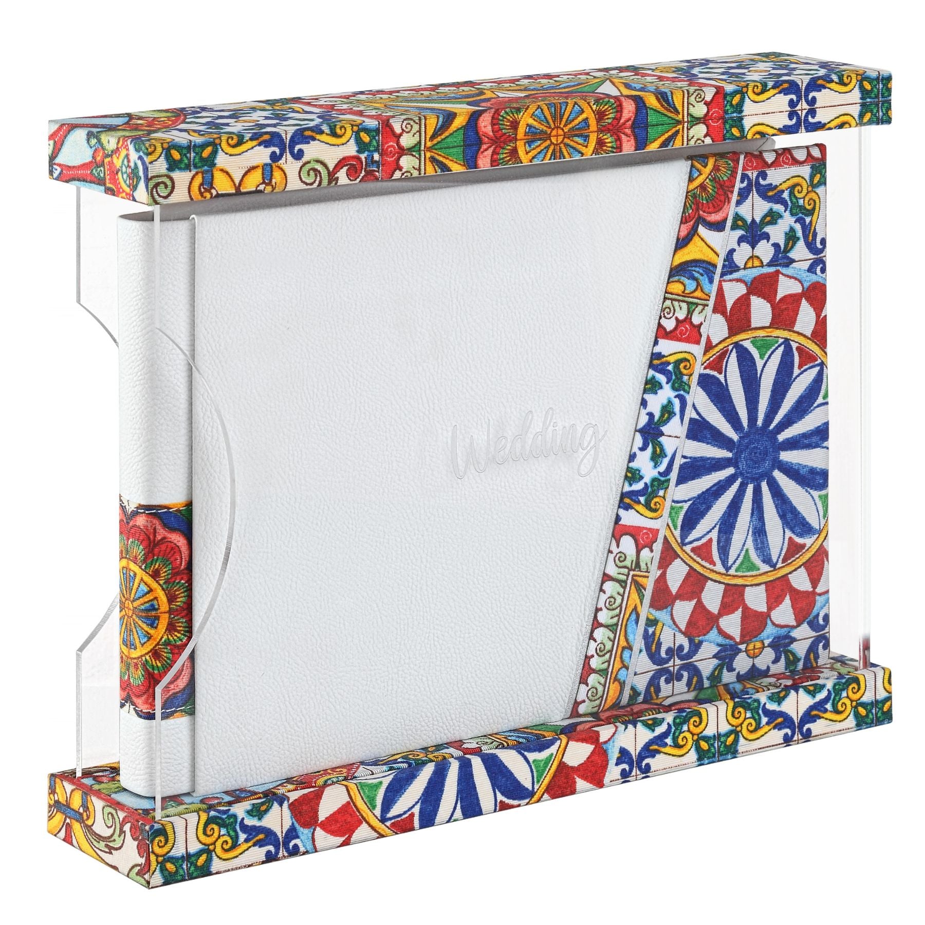 Kit Amalfi con album fotografico bianco e custodia espositiva di design decorata con vivaci motivi a maiolica siciliana multicolore, ideale per reportage di matrimonio.