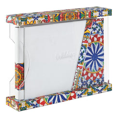 Kit Amalfi con album fotografico bianco e custodia espositiva di design decorata con vivaci motivi a maiolica siciliana multicolore, ideale per reportage di matrimonio.