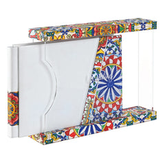 Kit Amalfi con album fotografico bianco e custodia espositiva di design decorata con vivaci motivi a maiolica siciliana multicolore, ideale per reportage di matrimonio.